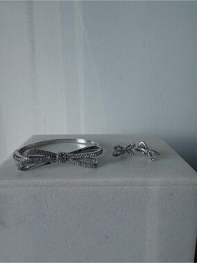 Kate Spade Tied Up Pave Bow Bangle & Earrings Set, Silver-Tone